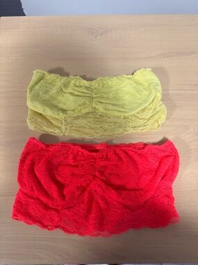 Lace Bandeau Crop Top - Yellow and Coral